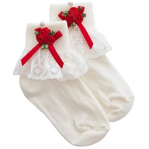 Girls Ivory Lace Socks with Red Rosebud Cluster